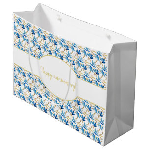 Elegant Light Blue And Gold Floral Watercolor Large Gift Bag