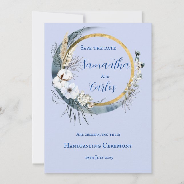Elegant, light blue and navy, moon handfasting invitation (Front)