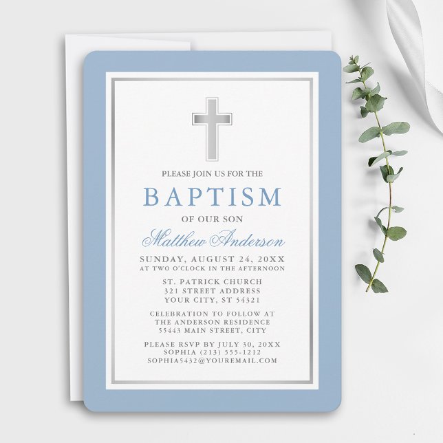 Elegant Light Blue and Silver Baptism Invitation (Customize to change text color, size, style or to change color of back of card.)