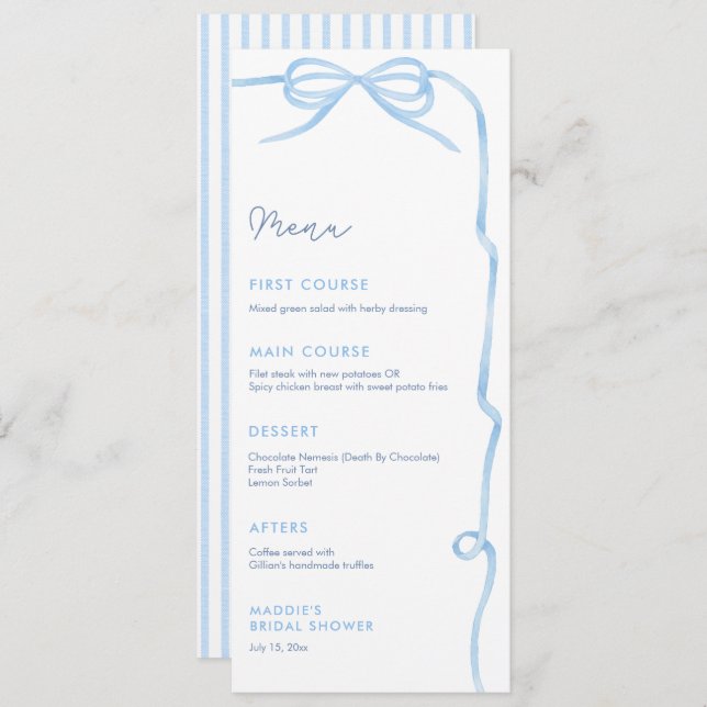 Elegant Light Blue Bow Bridal Shower Party  Menu (Front/Back)