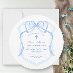 Elegant Light Blue Bow Crest Baptism Invitation