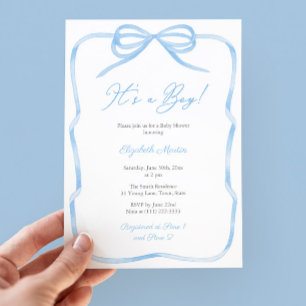 Elegant Light Blue Bow Its A Boy Baby Shower Party Invitation