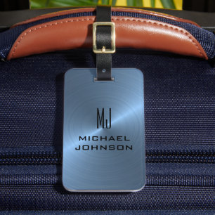 Elegant Light Blue Brushed Metallic Monogrammed Luggage Tag