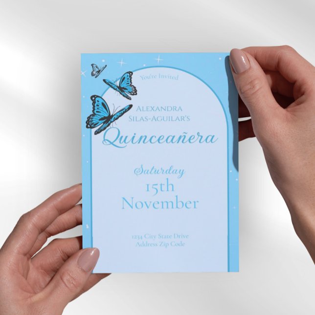 Elegant Light Blue Butterfly Quinceañera - Custom  Invitation (Elegant Light Blue Quinceañera Invitations)