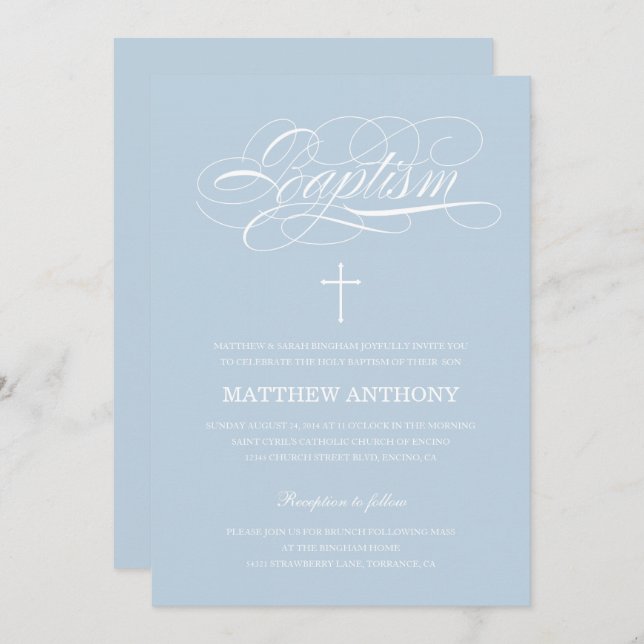Elegant Light Blue Calligraphy Baptism Invitation (Front/Back)