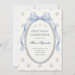 Elegant Light Blue Coquette Bow Floral First Holy  Invitation