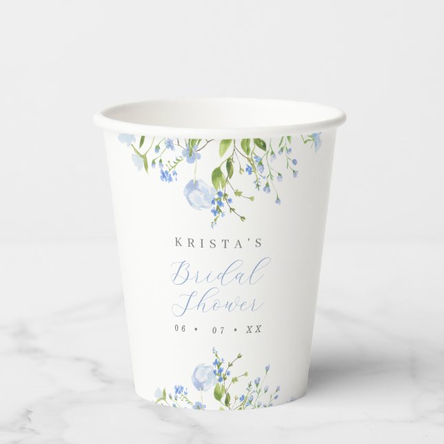 Elegant Light Blue Floral Bridal Shower Paper Cups (Front)