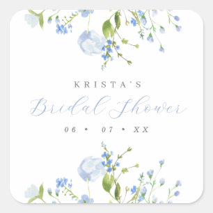 Elegant Light Blue Floral Bridal Shower Square Sticker