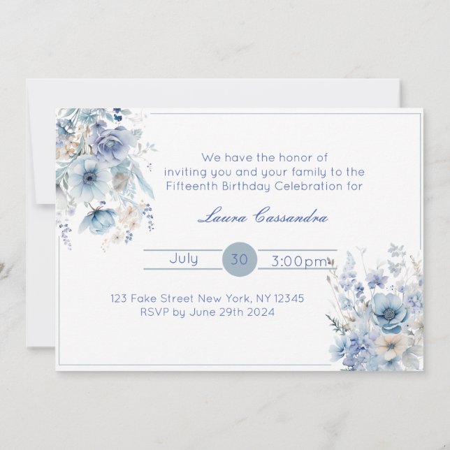 Elegant Light Blue Floral Invitation (Back)