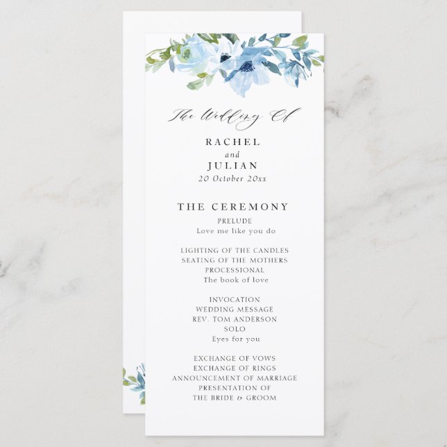 elegant light blue floral wedding program programme (Front/Back)