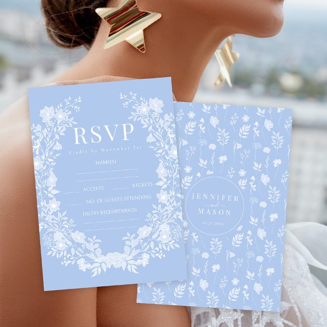 Elegant light blue floral wreath bohemian wedding RSVP card (Creator Uploaded)