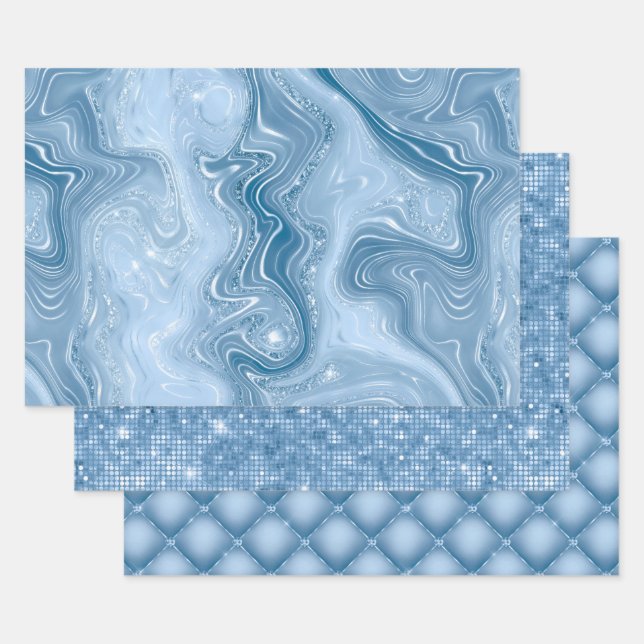 Elegant Light Blue Glitter Glam Patterns Wrapping Paper Sheet (Set)