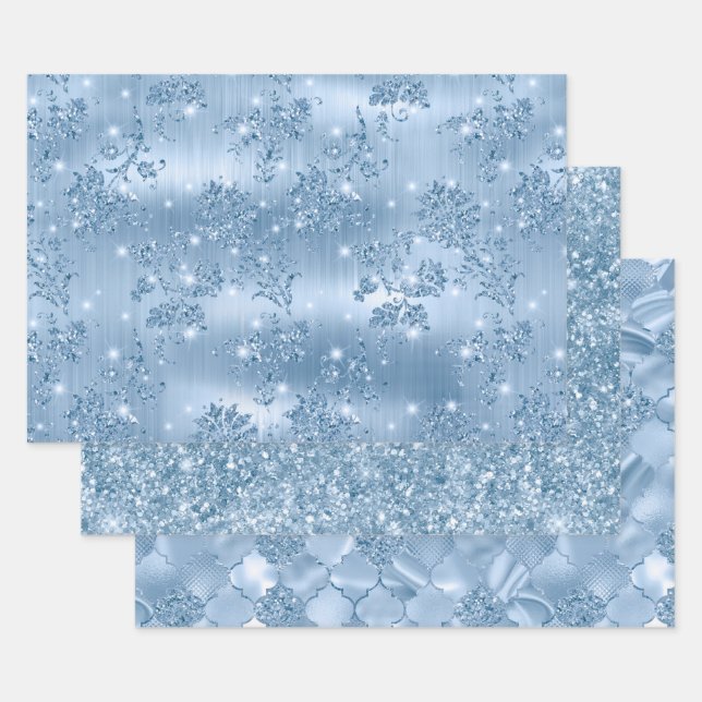 Elegant Light Blue Glitter Glam Patterns Wrapping Paper Sheet (Set)