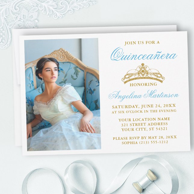 Elegant Light Blue Gold Crown Photo Quinceanera Invitation (Customize to change text size, style, color or to add text or more photos to back of card.)