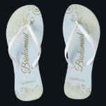 Elegant Light Blue & Gold Lacy Bridesmaid Wedding Jandals<br><div class="desc">These elegant wedding flip flops are a great way to thank and recognise your bridesmaids, while giving their feet a rest after a long day. The beautiful design features an elegant design with lacy golden frills on a pale powder blue coloured background and fancy gold coloured script lettering. The text...</div>