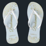 Elegant Light Blue & Gold Lacy Bridesmaid Wedding Jandals<br><div class="desc">These elegant wedding flip flops are a great way to thank and recognise your bridesmaids, while giving their feet a rest after a long day. The beautiful design features an elegant design with lacy golden frills on a pale powder blue coloured background and fancy gold coloured script lettering. The text...</div>