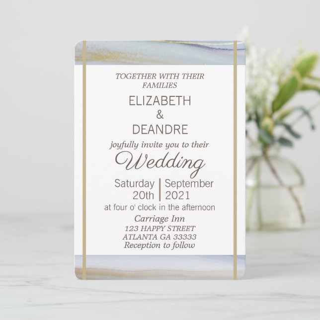 Elegant light blue gold modern beach wedding invitation (Standing Front)