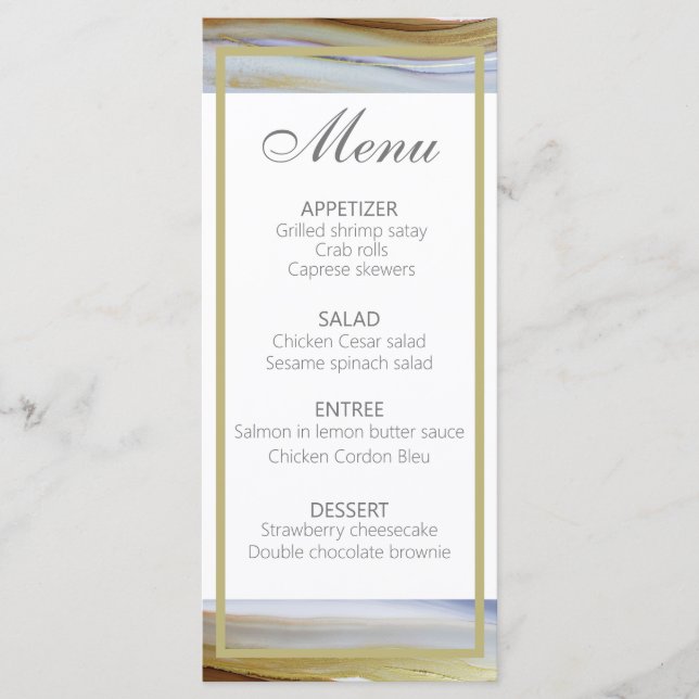 Elegant light blue gold modern wedding menu (Front)