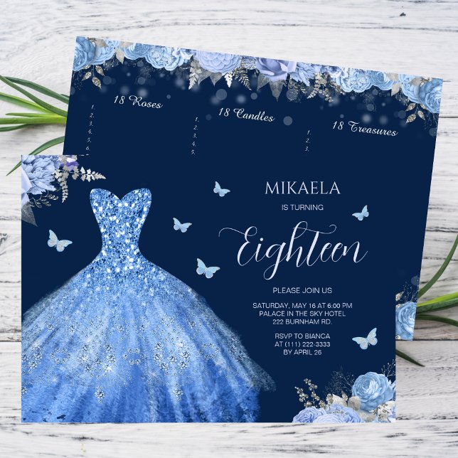 Elegant Light Blue Gown Floral 18th Birthday Invitation (Creator Uploaded)