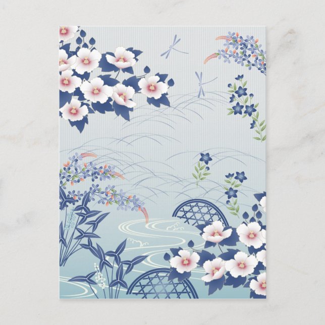 Elegant Light Blue Japanese Flower Garden Postcard (Front)