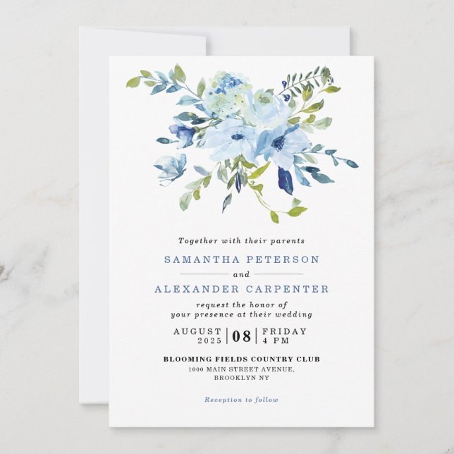 Elegant Light Blue Navy Floral Botanical Wedding Invitation (Front)