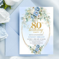 Elegant Light Blue Peony Floral Gold 80th Birthday