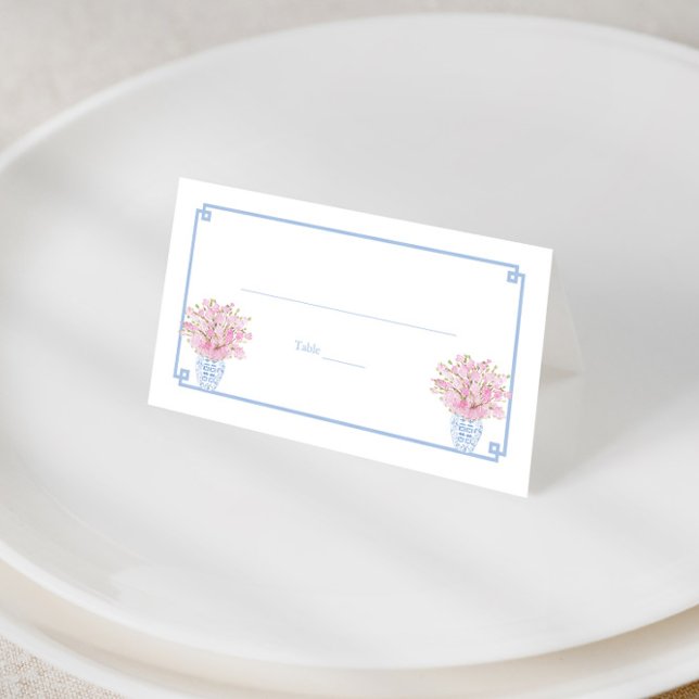 Elegant Light Blue Pink Chinoserie Ladies Luncheon Place Card (Preppy pale blue and pink chinoiserie wedding shower place cards)