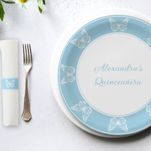 Elegant Light Blue Quinceañera - Butterfly Classy Paper Plate