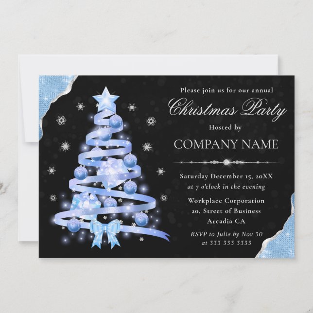 Elegant Light Blue Ribbon Tree Christmas Party Invitation (Front)
