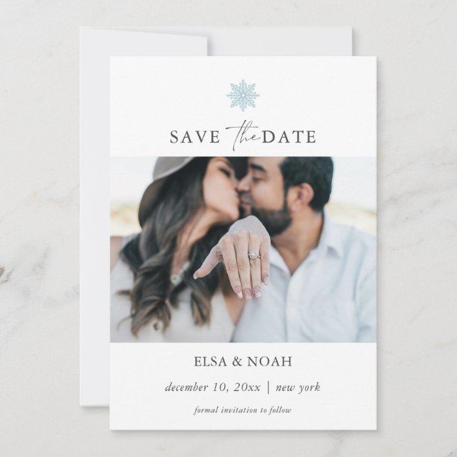 Elegant Light Blue Snowflake photo wedding Save The Date (Front)