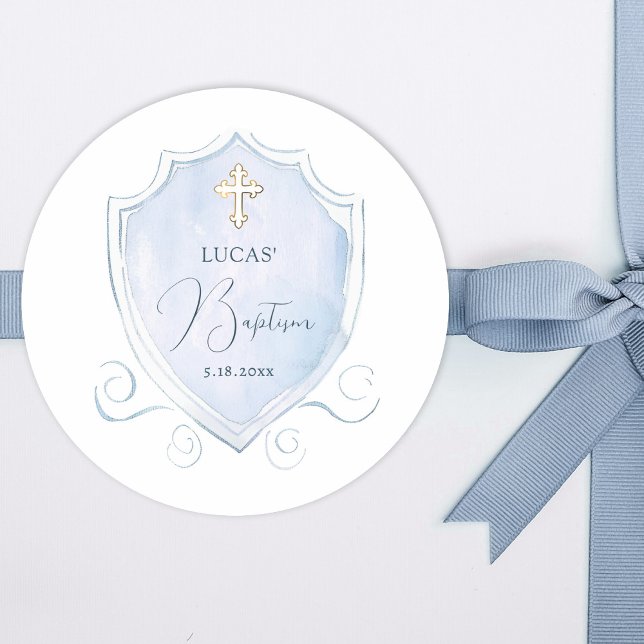 Elegant Light Blue Watercolor Crest Baptism Classic Round Sticker (Creator Uploaded)