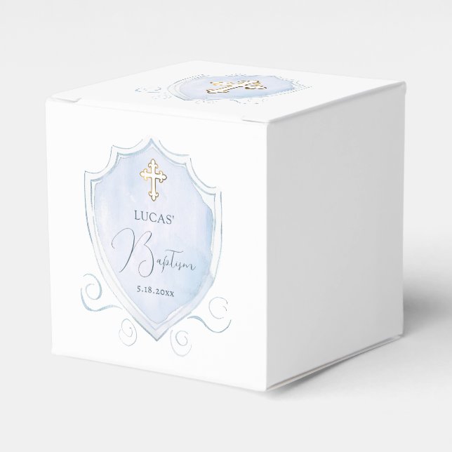Elegant Light Blue Watercolor Crest Baptism Cube Favour Box (Front Side)