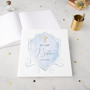 Elegant Light Blue Watercolor Crest Baptism Guest Book