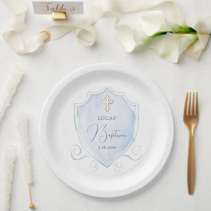 Elegant Light Blue Watercolor Crest Baptism Paper Plate