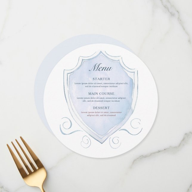 Elegant Light Blue Watercolor Crest Round Menu (Front/Back In Situ)