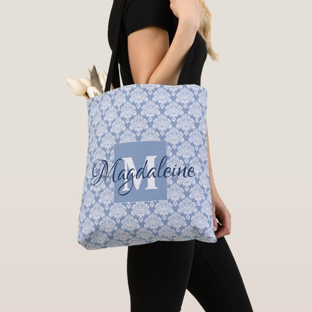 Elegant Light Blue & White Damask Monogram & Name Tote Bag (Close Up)