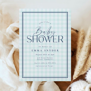 Elegant Light Blue White Gingham Boy Baby Shower Invitation
