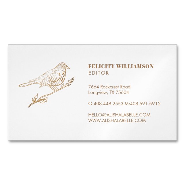 Elegant Light Cream & Gold Perched Bird Magnetic Business Card (Front)