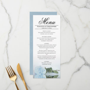 Elegant Light Dusty Blue Mirrored Rose Wedding Menu