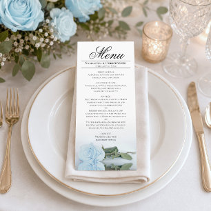 Elegant Light Dusty Blue Mirrored Rose Wedding Menu