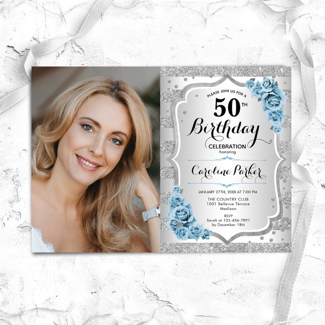 Elegant Light Dusty Blue Roses Photo 50th Birthday Invitation (Creator Uploaded)