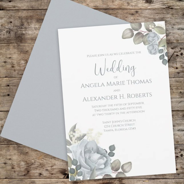 Elegant Light Dusty Blue Watercolor Floral Rose Invitation (Creator Uploaded)