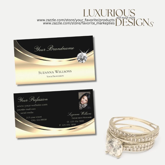Elegant Light Gold Black with Photo and Diamond Business Card (Creator Uploaded)