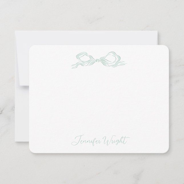 Elegant Light Green Bow Personalised Stationery Card (Front)