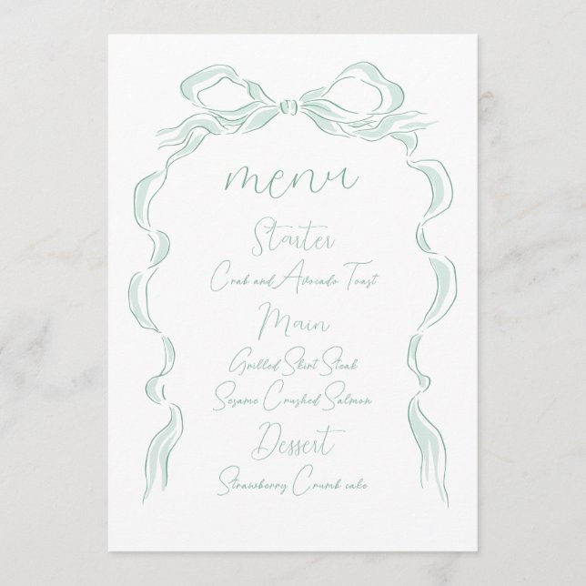 Elegant Light Green Hand Drawn Bow Wedding Menu (Front)