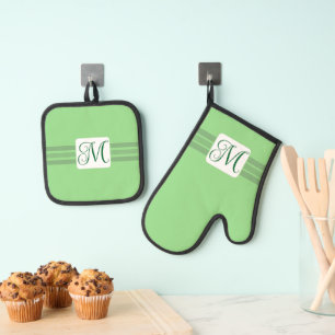Elegant Light Green Striped Fancy Initial Oven Mitt & Pot Holder Set