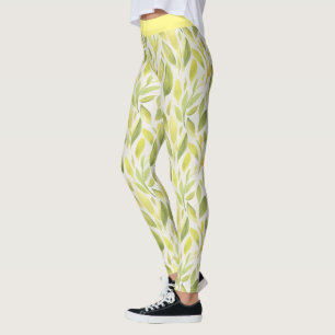 Elegant Light Green Yellow Leaves Pattern  Leggings