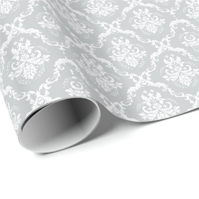 Elegant Light Grey And White Floral Damasks Wrapping Paper (Roll Corner)