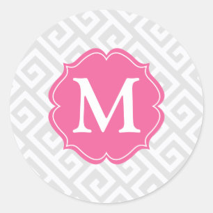 Elegant Light Grey Greek Key Personalised Classic Round Sticker