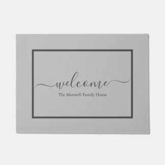 Elegant light grey script family name welcome doormat